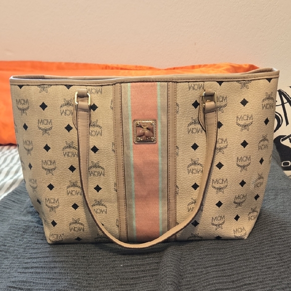 MCM Handbags - MCM Beige and Pink Visetos Tote with Logo Pattern Limited Edition